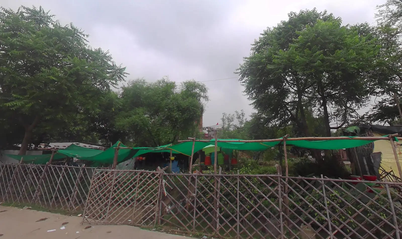Bamboo lattice fence with green shade cloth enclosure