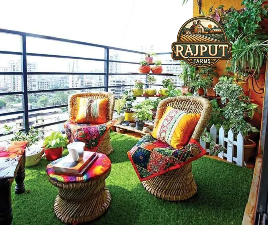Concept design: balcony garden with artificial grass and cane seating