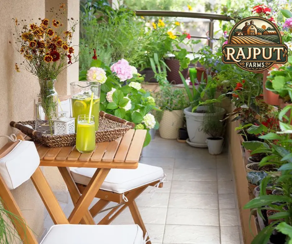 Concept design: balcony garden with potted flowering plants and bistro set