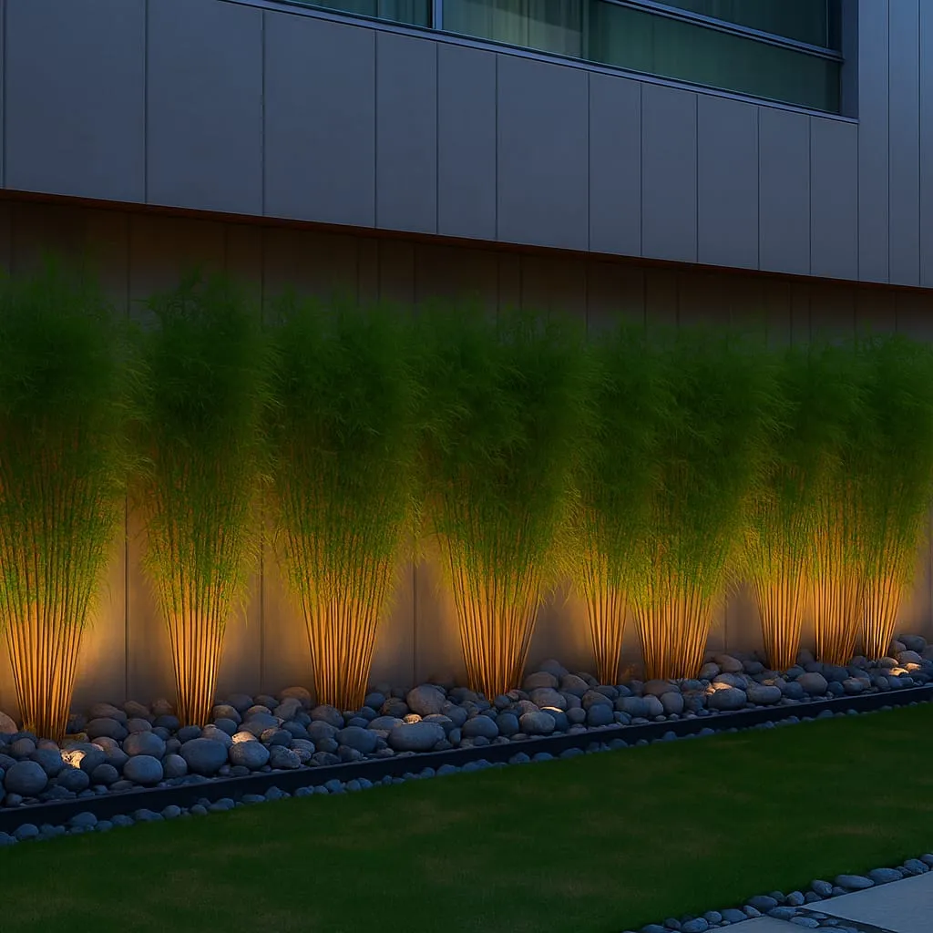 Concept design: bamboo plantation with river pebble border and uplighting