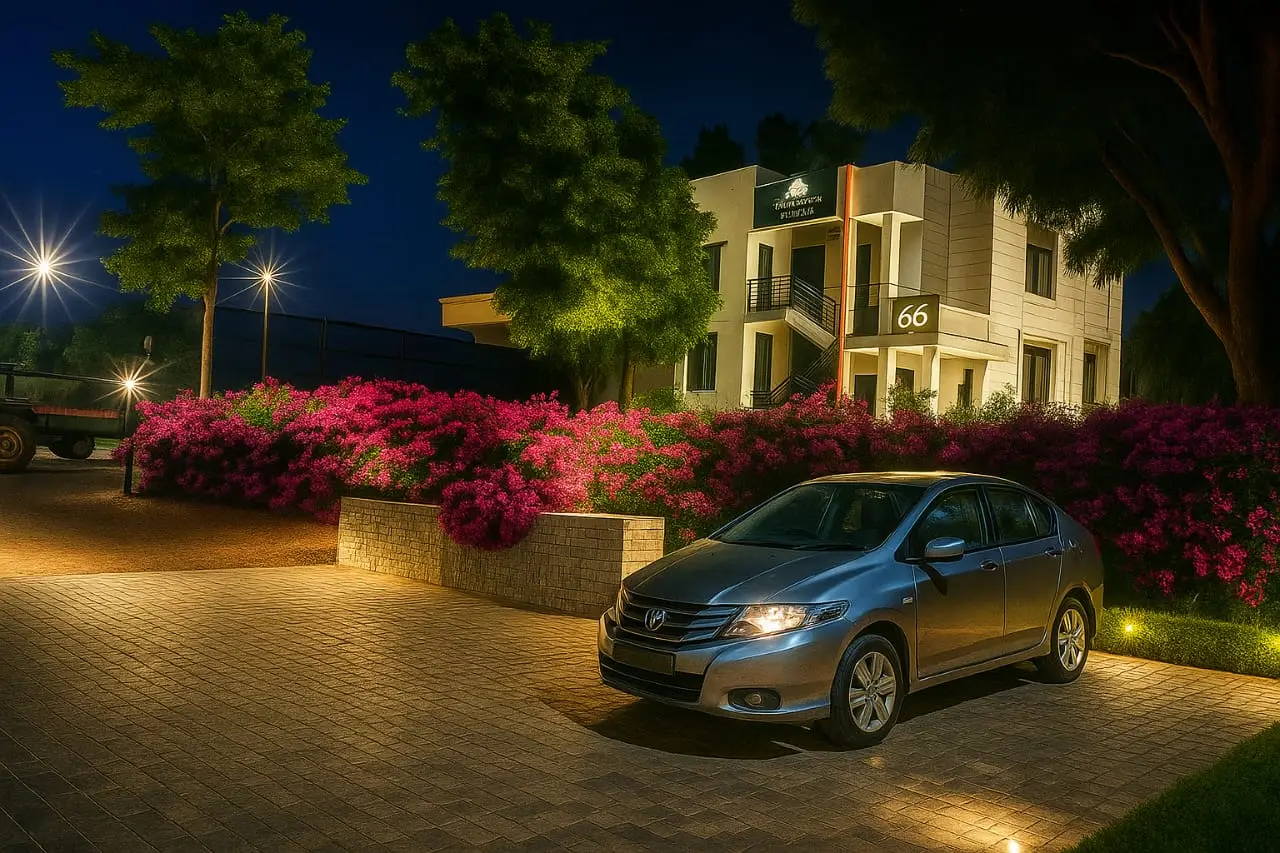 Concept design: bougainvillea bed and lit paver driveway for a Varanasi venue