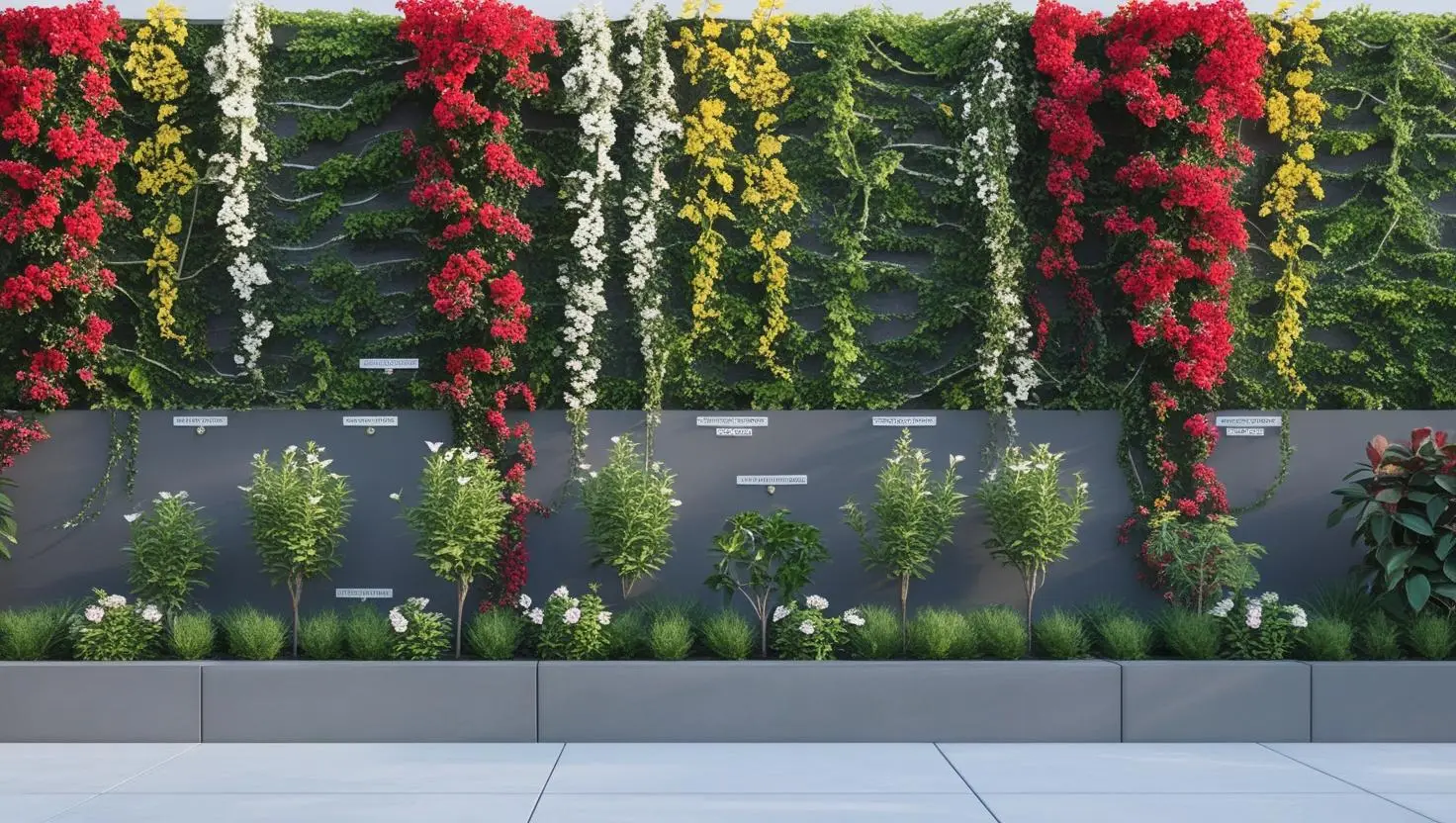 Concept design: boundary wall with flowering climbers and planters