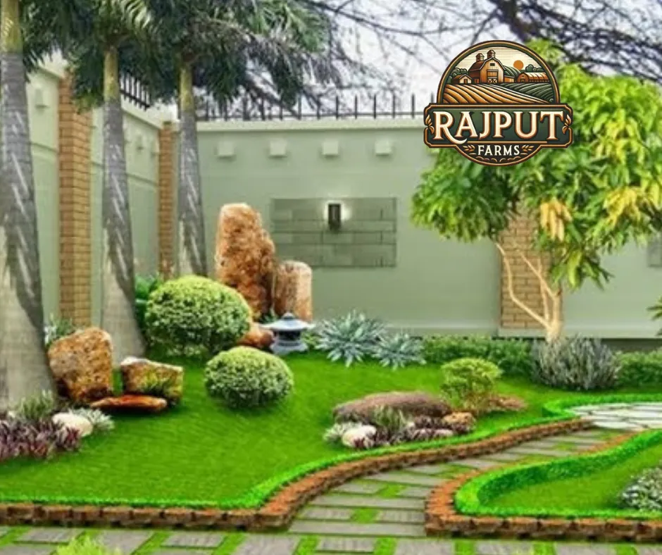 Concept design: bungalow rock garden lawn with boulders and curved beds