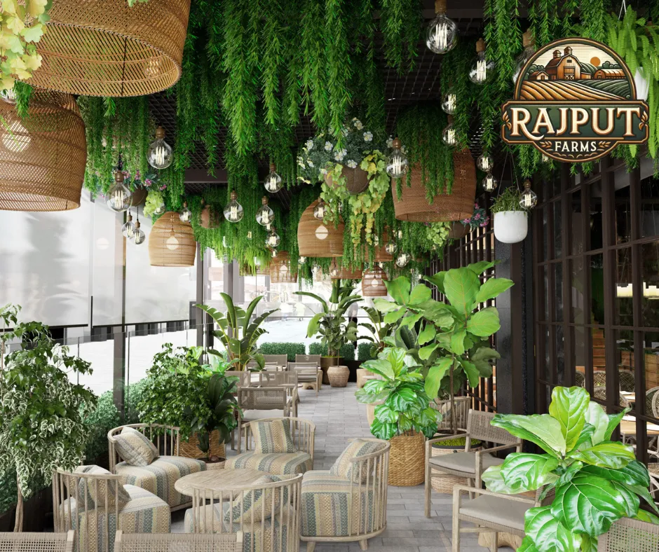 Concept design: cafe with hanging planters and trailing greenery