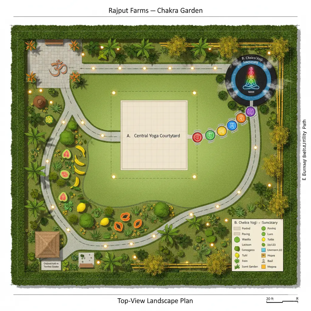 Concept design: chakra garden top-view landscape plan with central yoga courtyard