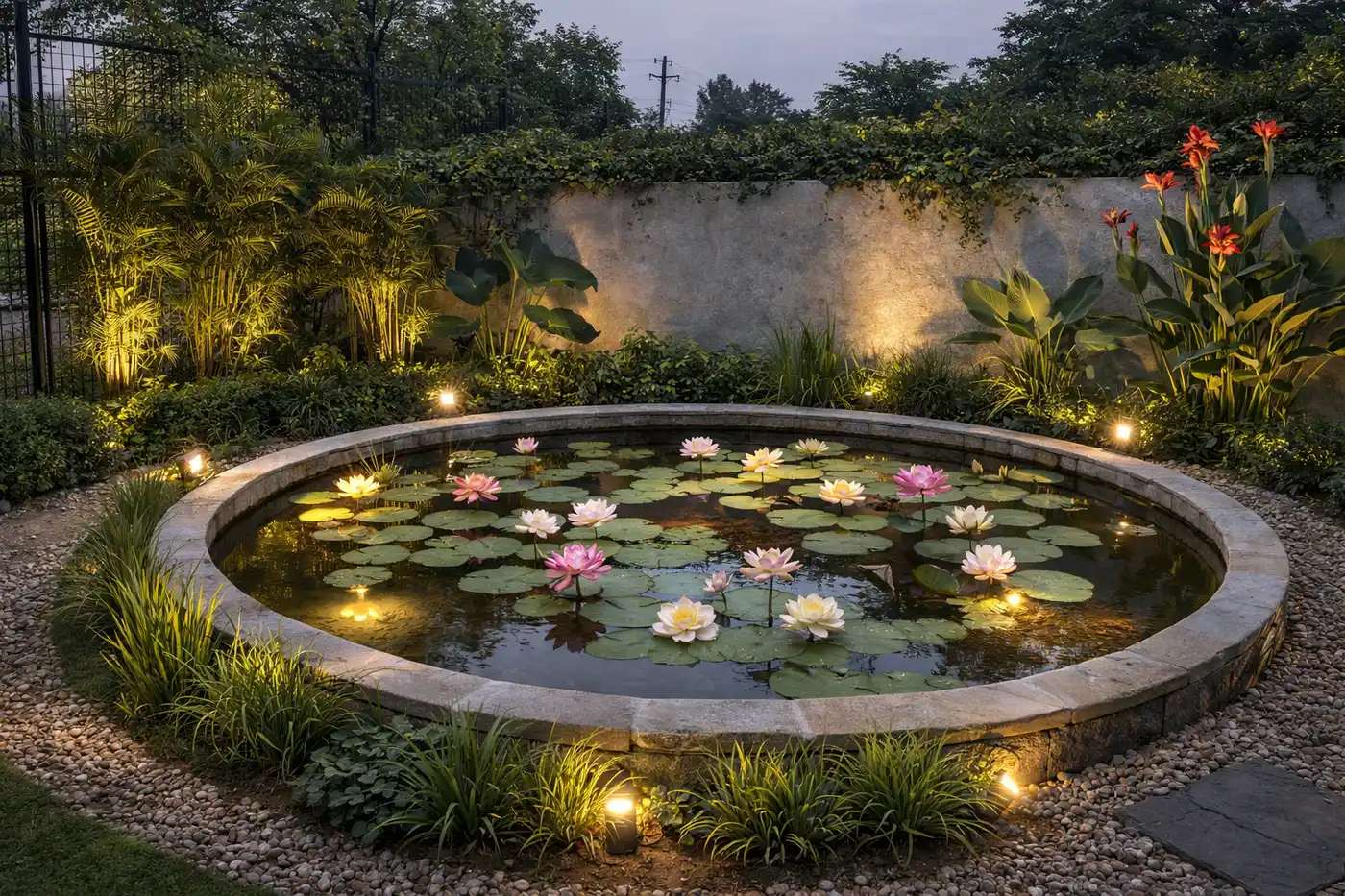 Concept design: circular lily garden pond with stone edge and lights