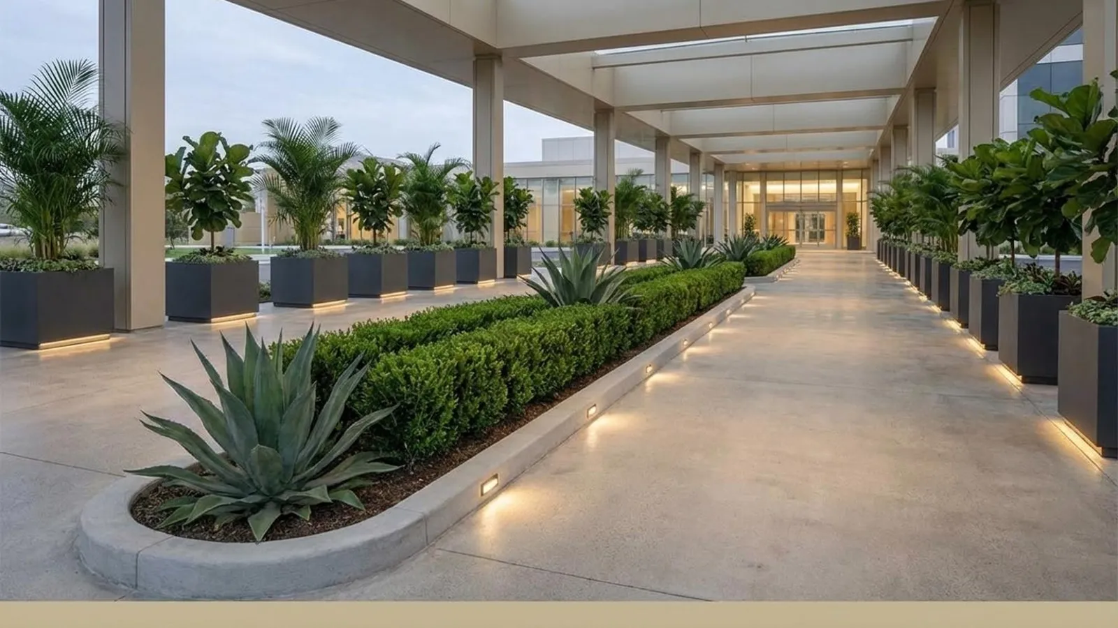 Concept design: covered entrance driveway with palm planters and lit shrub border
