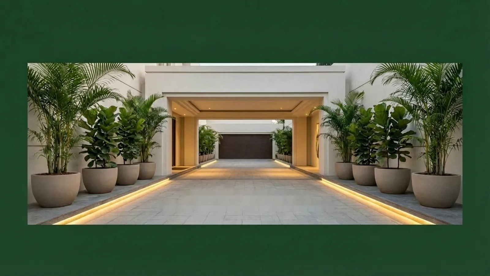 Concept design: covered entrance with large palm planters and lit paving