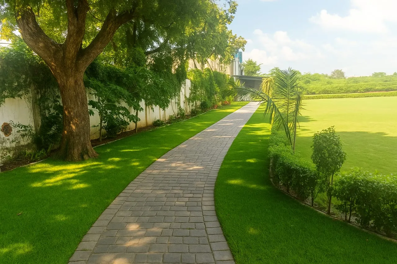 Concept design: curving paver garden pathway between lawns and hedges