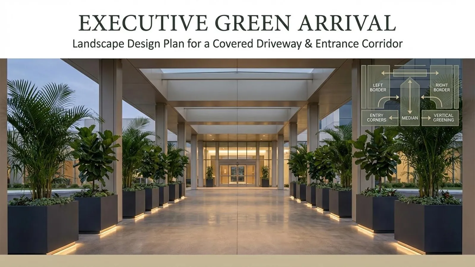 Concept design: executive green arrival corridor with palm planters
