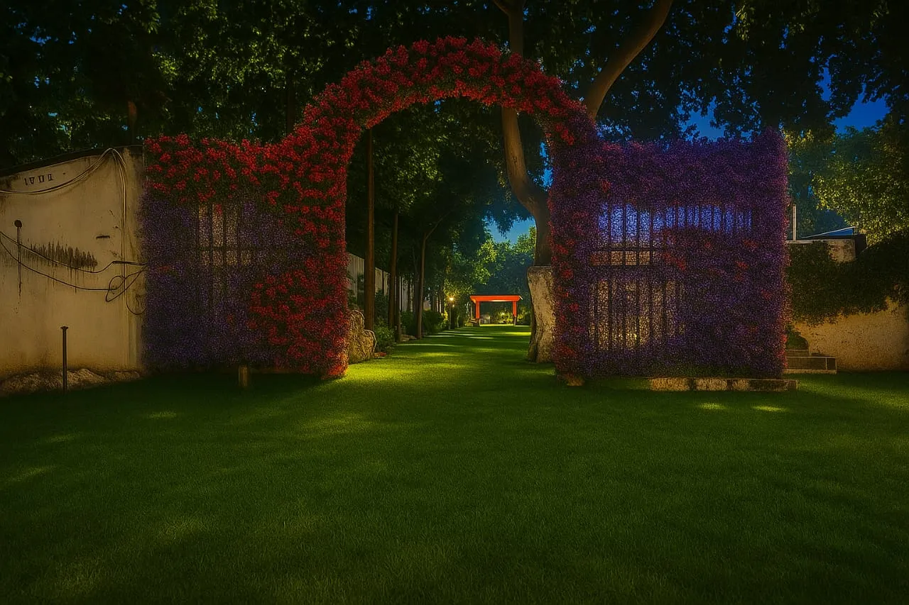 Concept design: flower covered entrance arch over a landscaped lawn