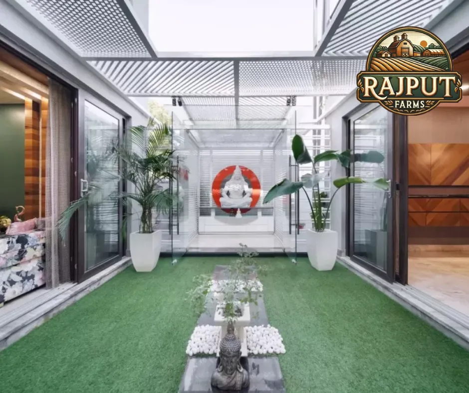 Concept design: indoor garden atrium with artificial grass and potted palms