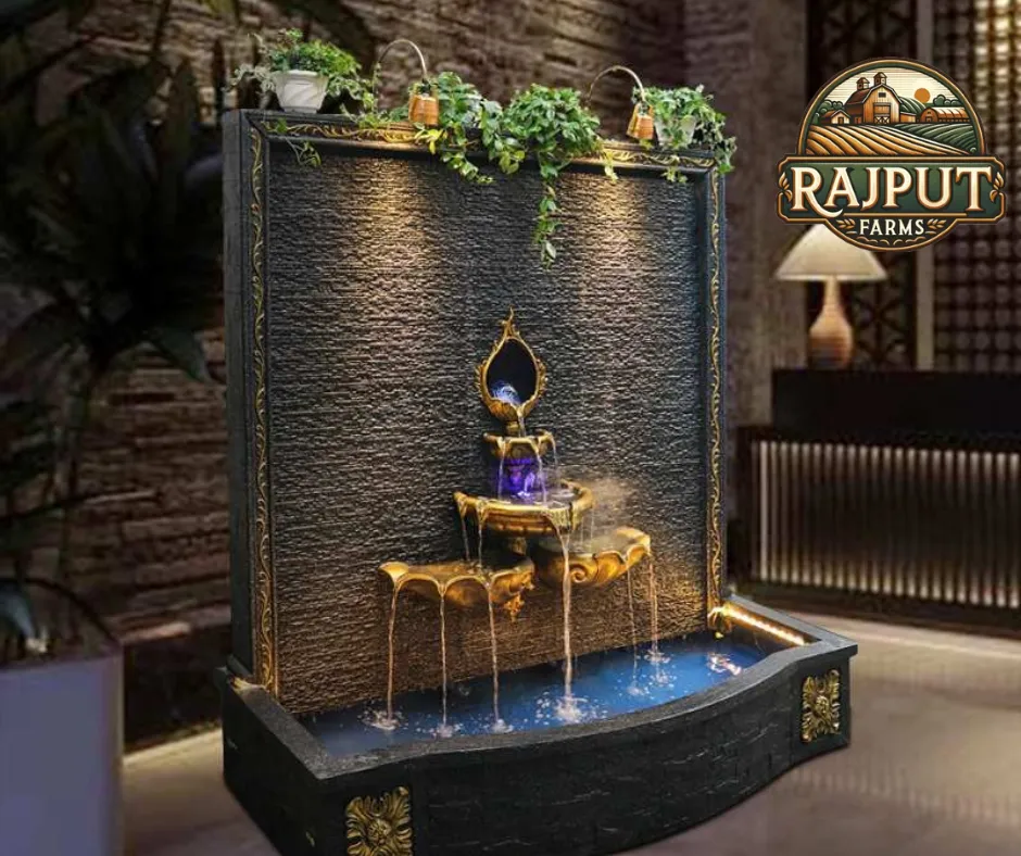 Concept design: indoor wall fountain with trailing plants for a living room