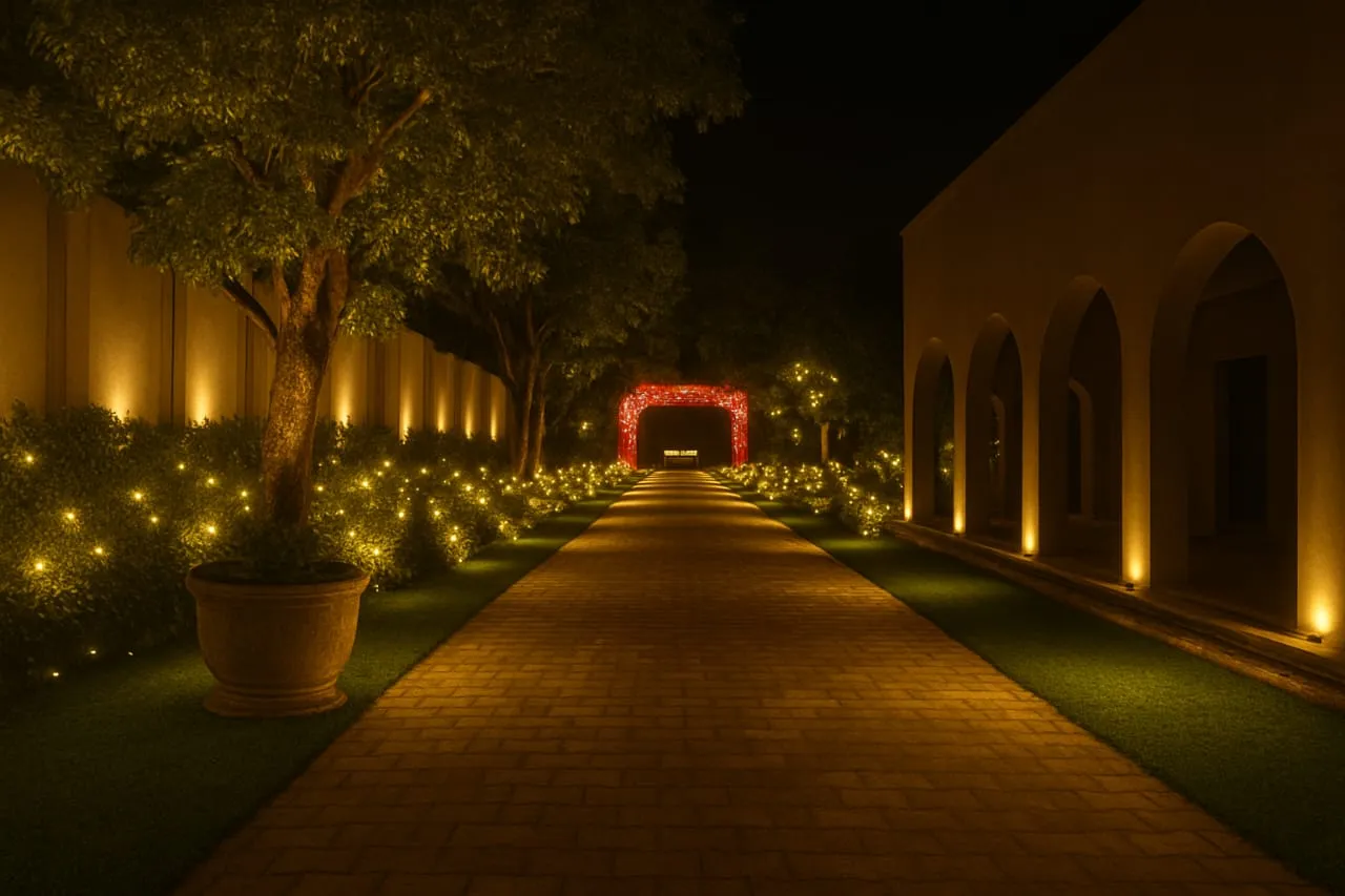 Concept design: lit garden walkway with lawn lights leading to an entrance gate