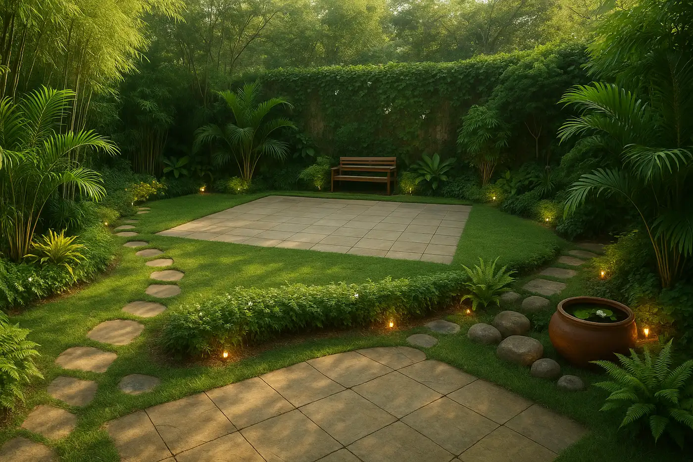 Concept design: meditation lawn with yoga deck and stepping-stone path