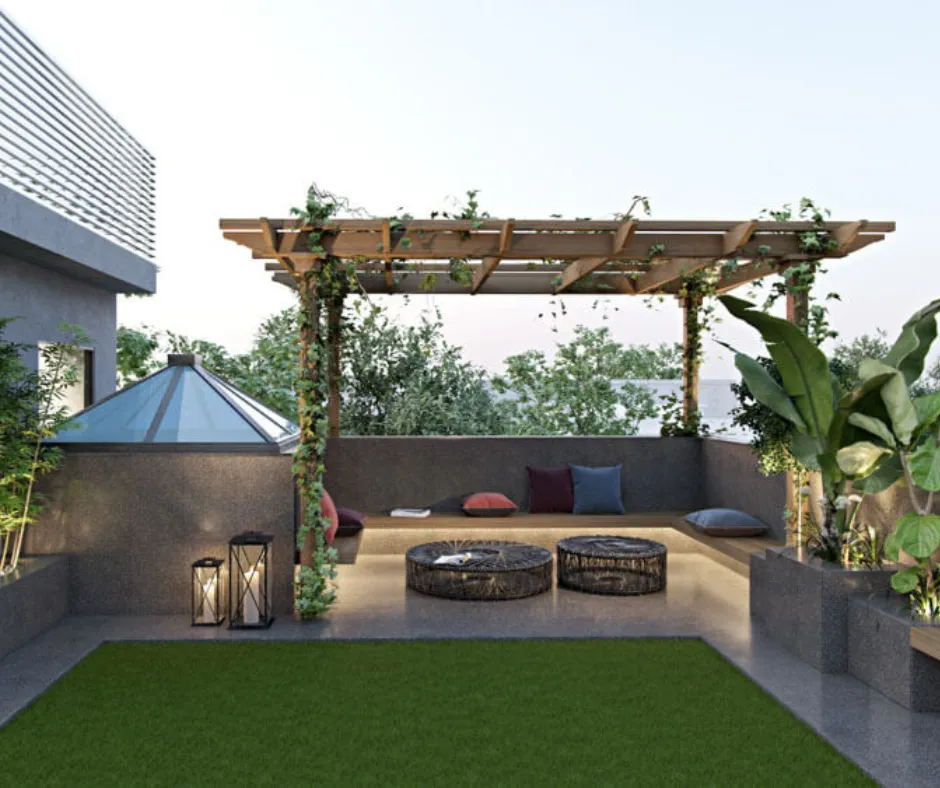 Concept design: modern terrace garden with pergola, lawn and lounge seating
