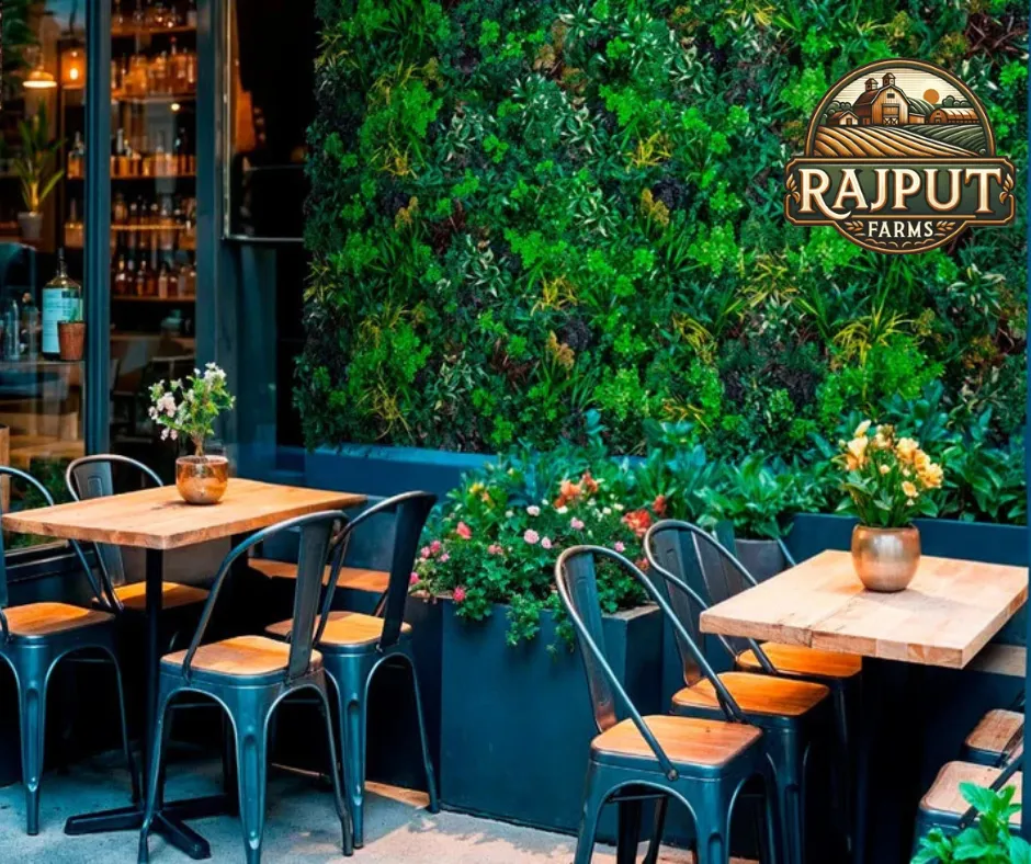 Concept design: outdoor cafe green wall with flower planters