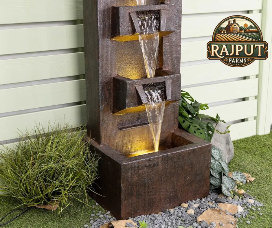 Concept design: outdoor cascading water feature with gravel and grasses
