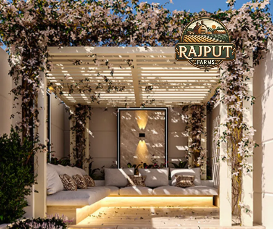Concept design: pergola lounge with flowering vines and built-in seating