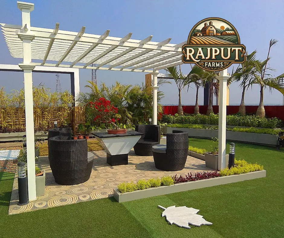 Concept design: rooftop garden with white pergola, lawn and wicker seating
