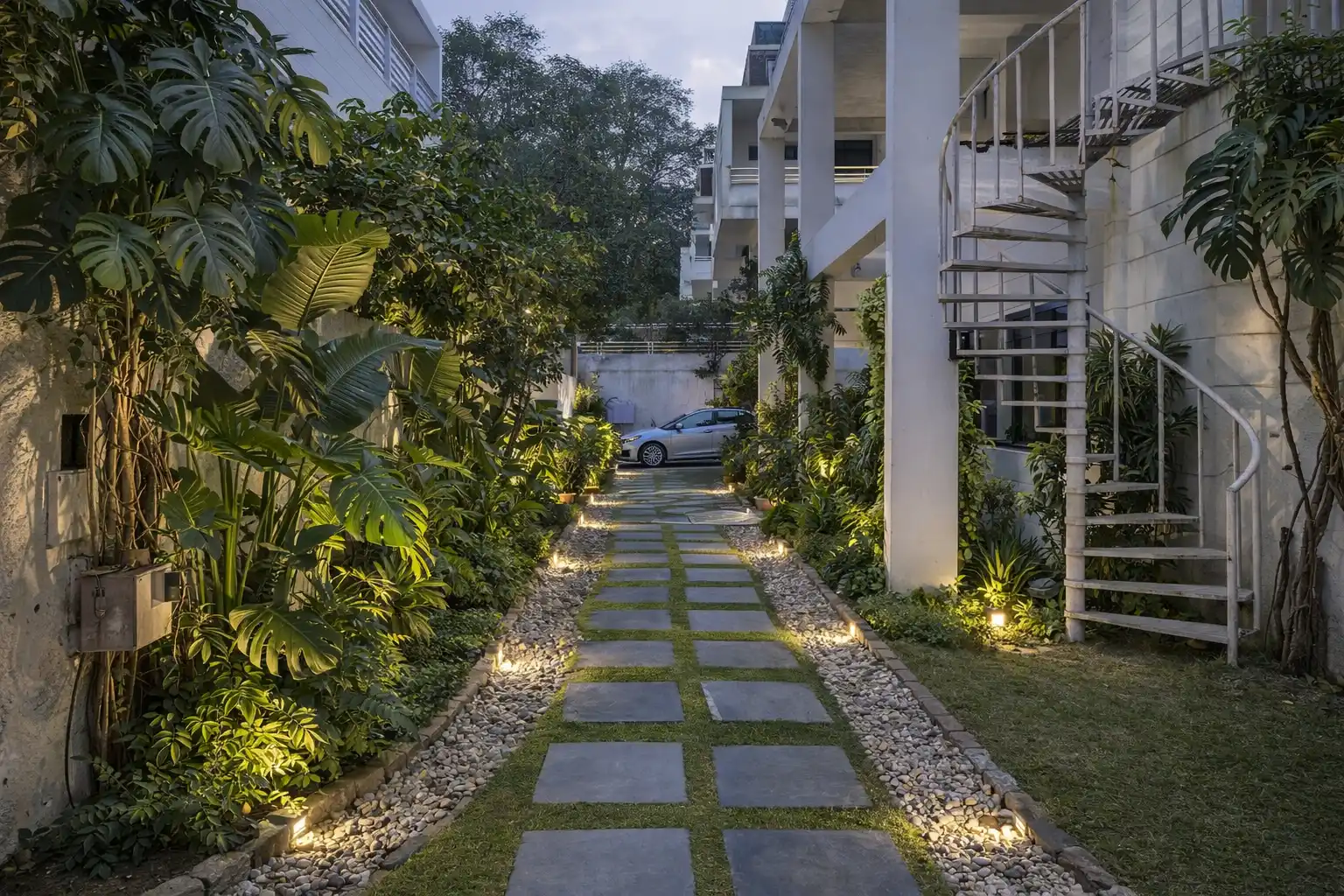 Concept design: stepping stone garden pathway with tropical planting and uplighting