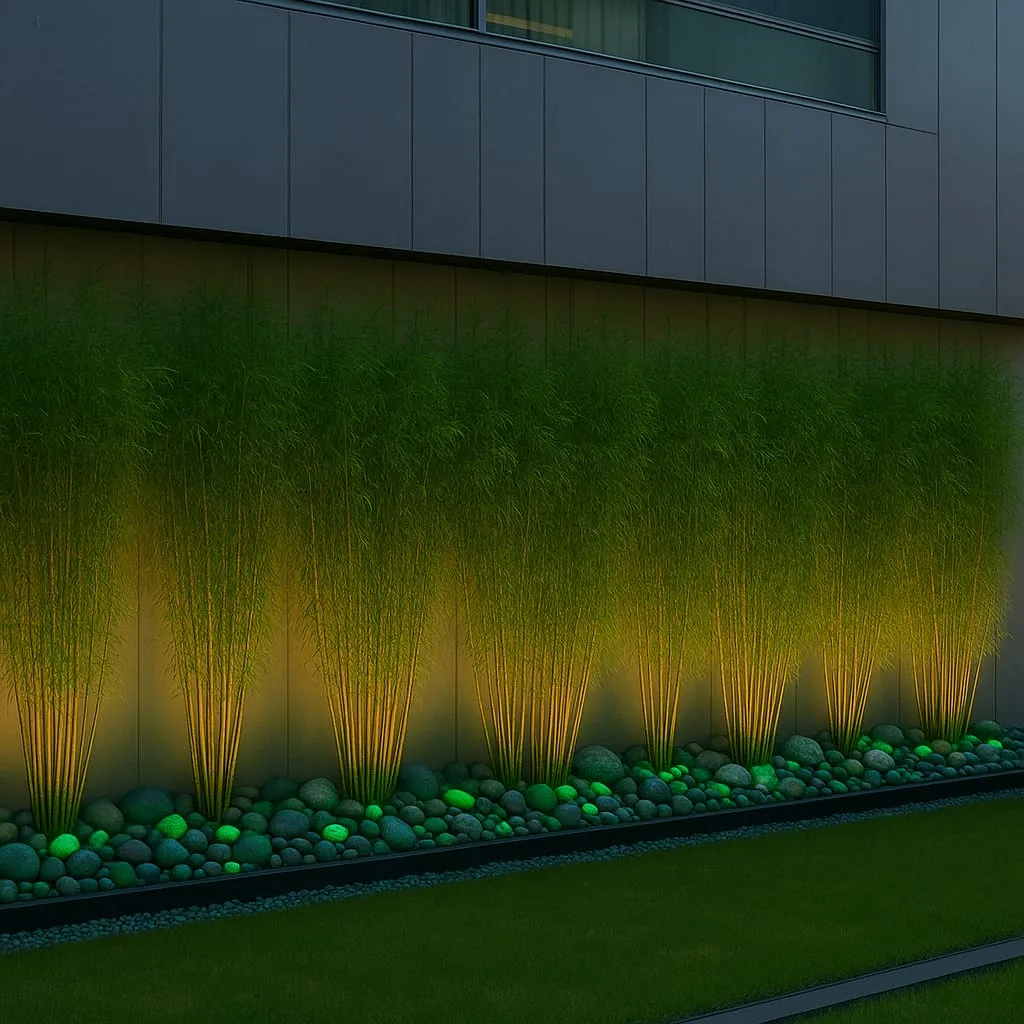 Concept design: uplit bamboo screen with pebble strip along a building facade