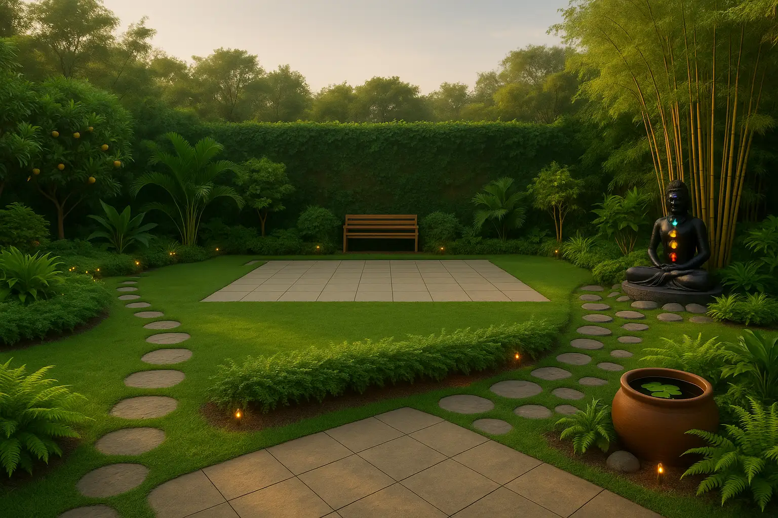 Concept design: yoga and meditation garden with stepping stones and bamboo