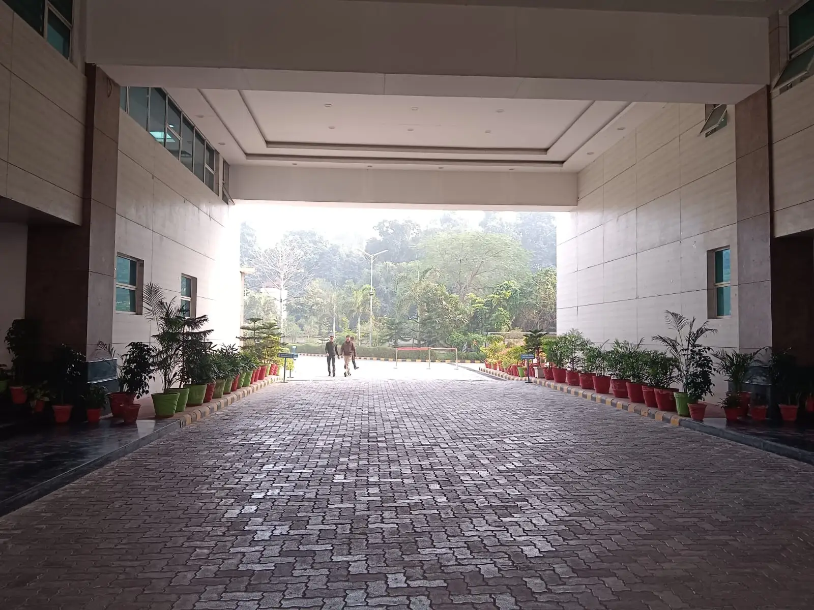Covered driveway lined with potted plants at Pratyaksh Kar Bhawan