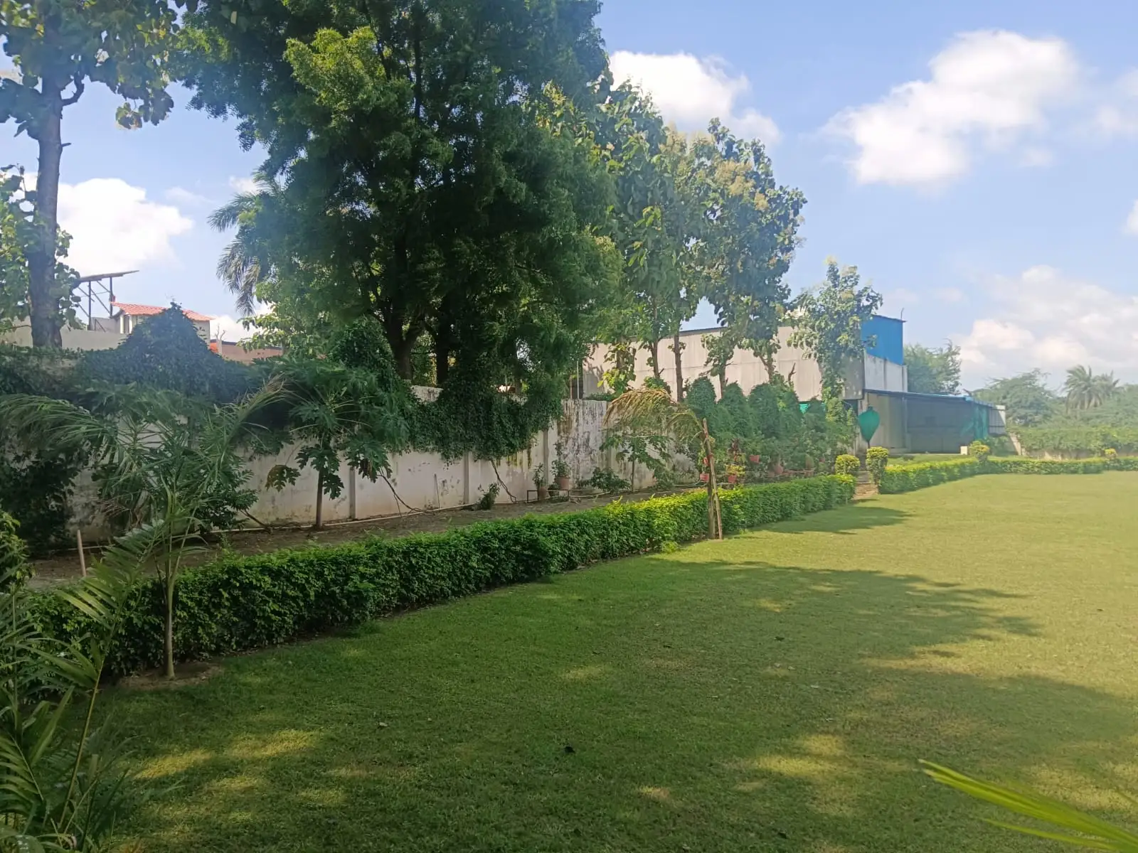 Landscaped lawn with clipped hedge border at a Varanasi site