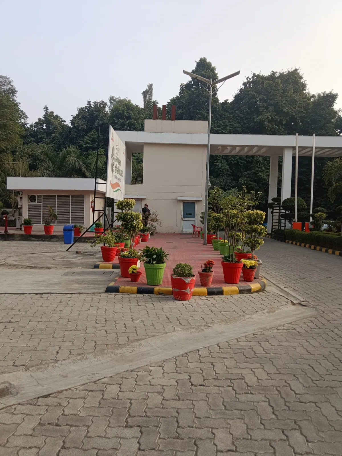Potted plant arrangement at a government office gatehouse