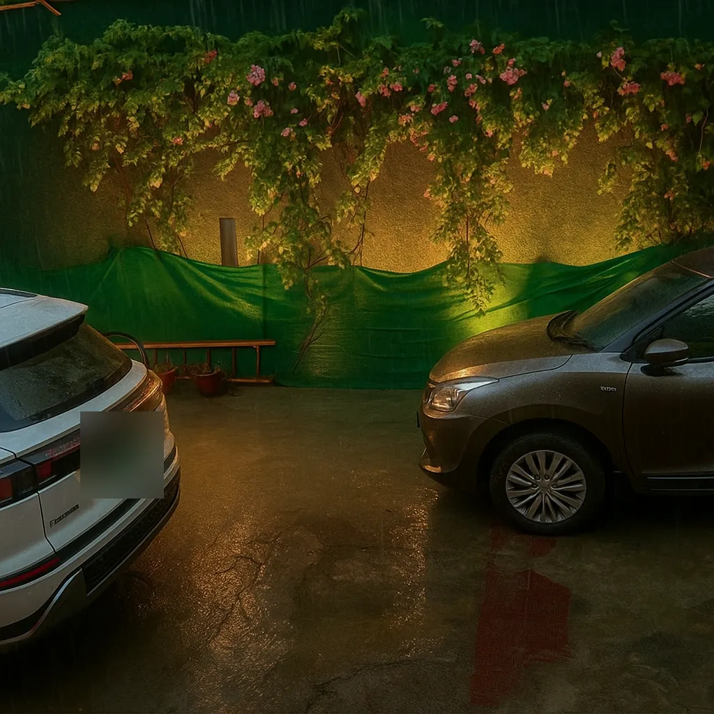 Proposed design: courtyard wall with cascading flowering creepers and uplighting