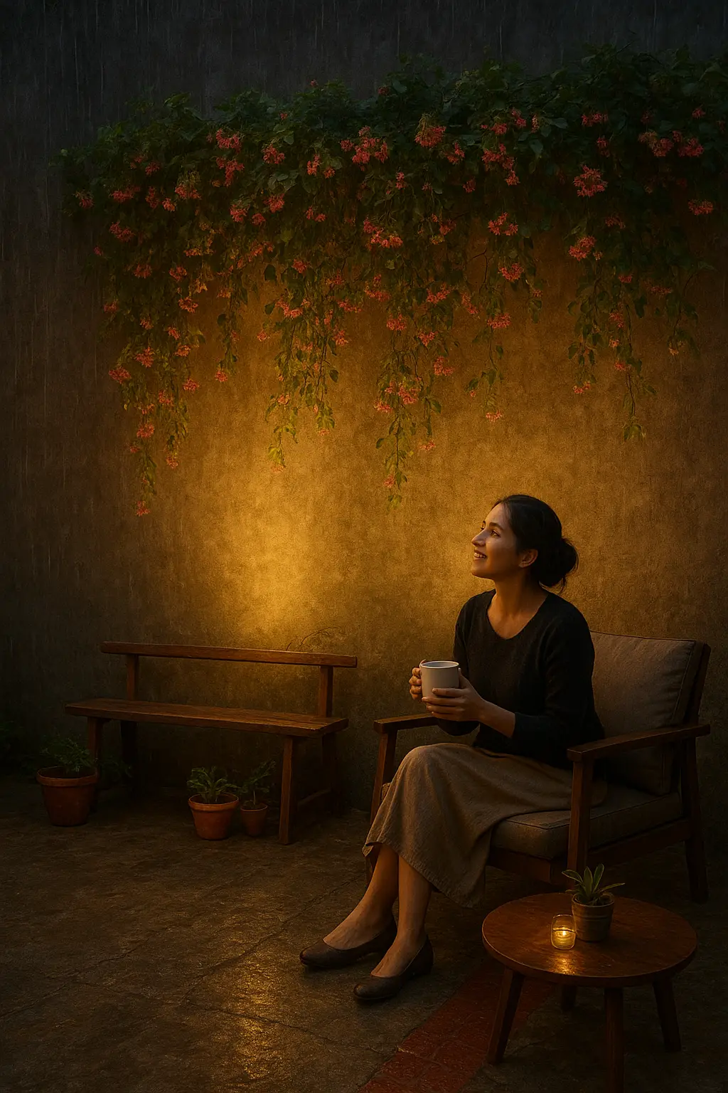 Proposed design: creeper wall sit-out with warm lighting and bench