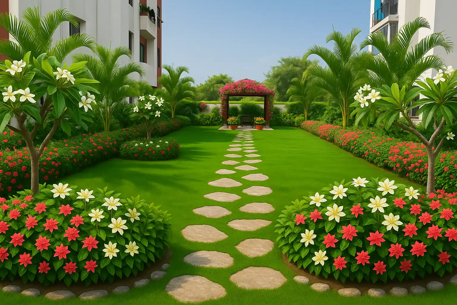 Proposed design: society garden path with flower beds and palms