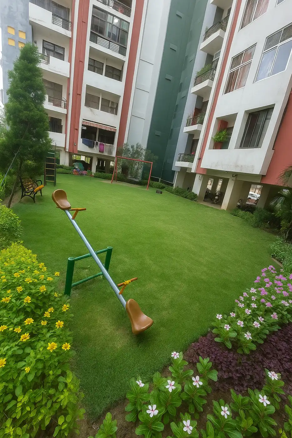 Proposed design: society lawn renovation with flowering borders and seesaw