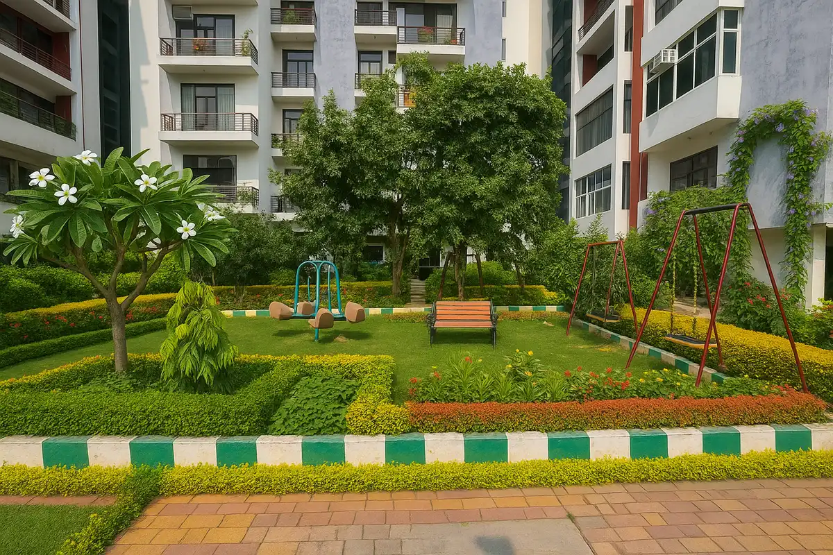 Proposed design: society park with hedge beds and flower borders