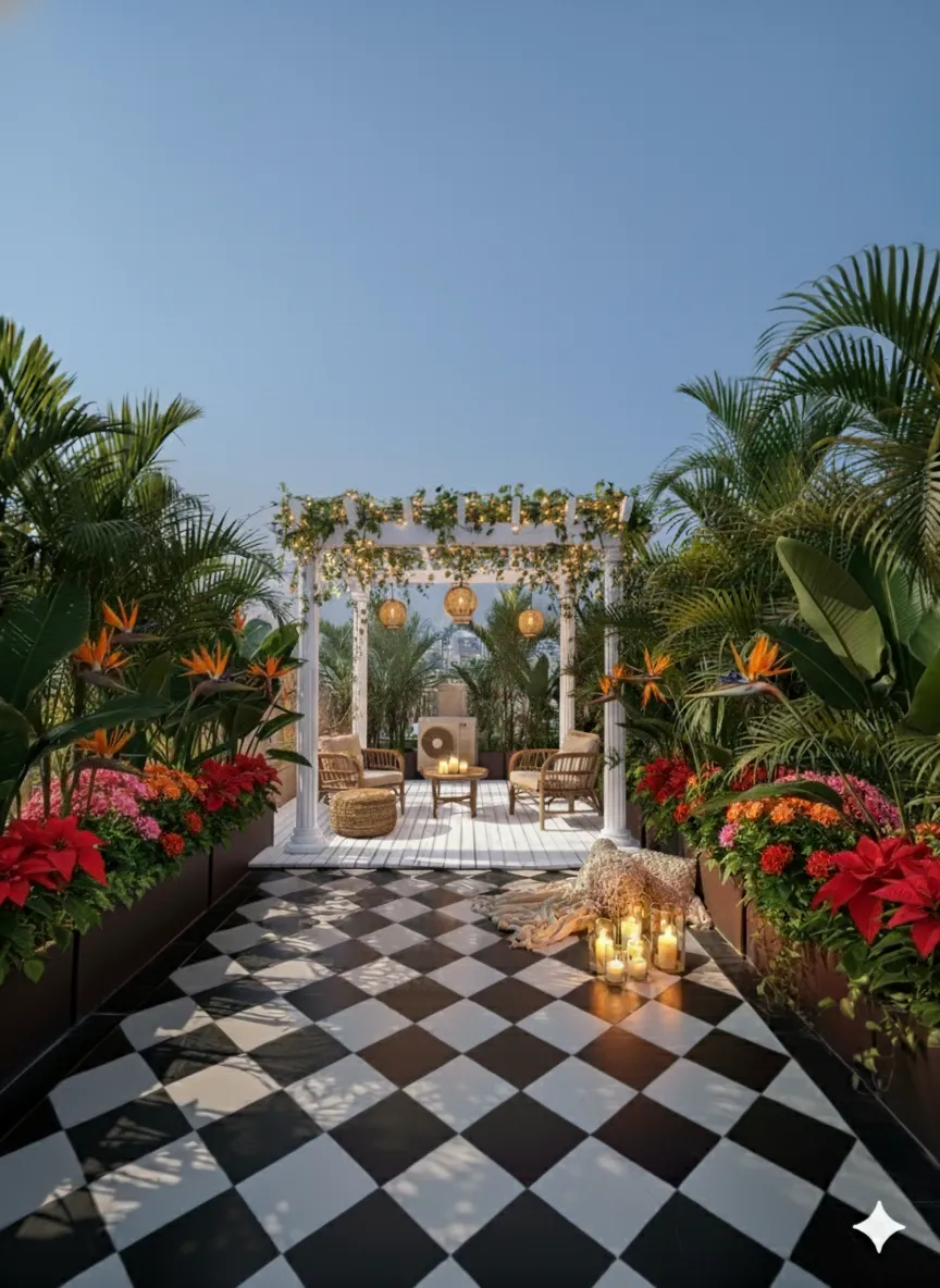 Proposed design: terrace garden with pergola, palms and flower planters on a checkerboard rooftop