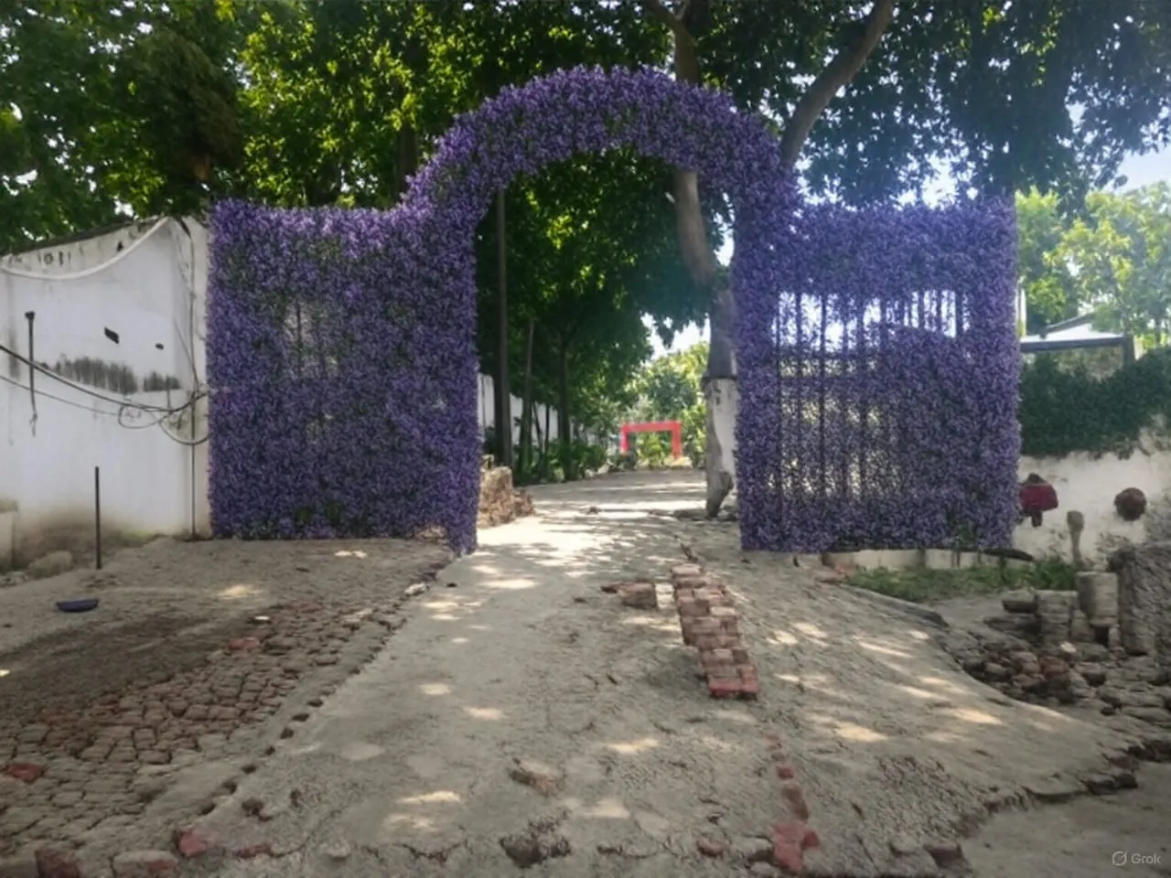 Purple flower arch gate over a pathway under construction in Varanasi