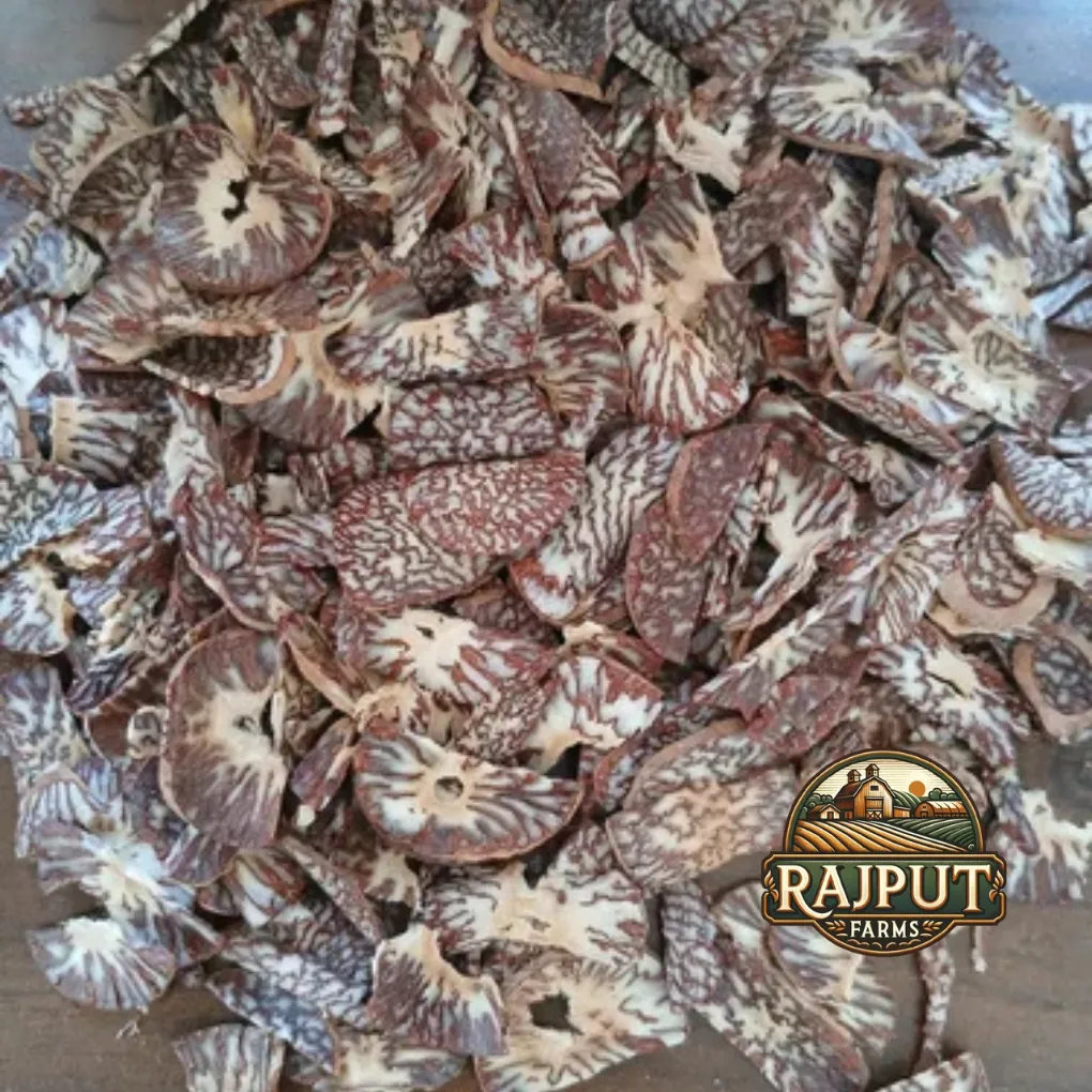 Sliced betel nut supari pieces with marbled texture