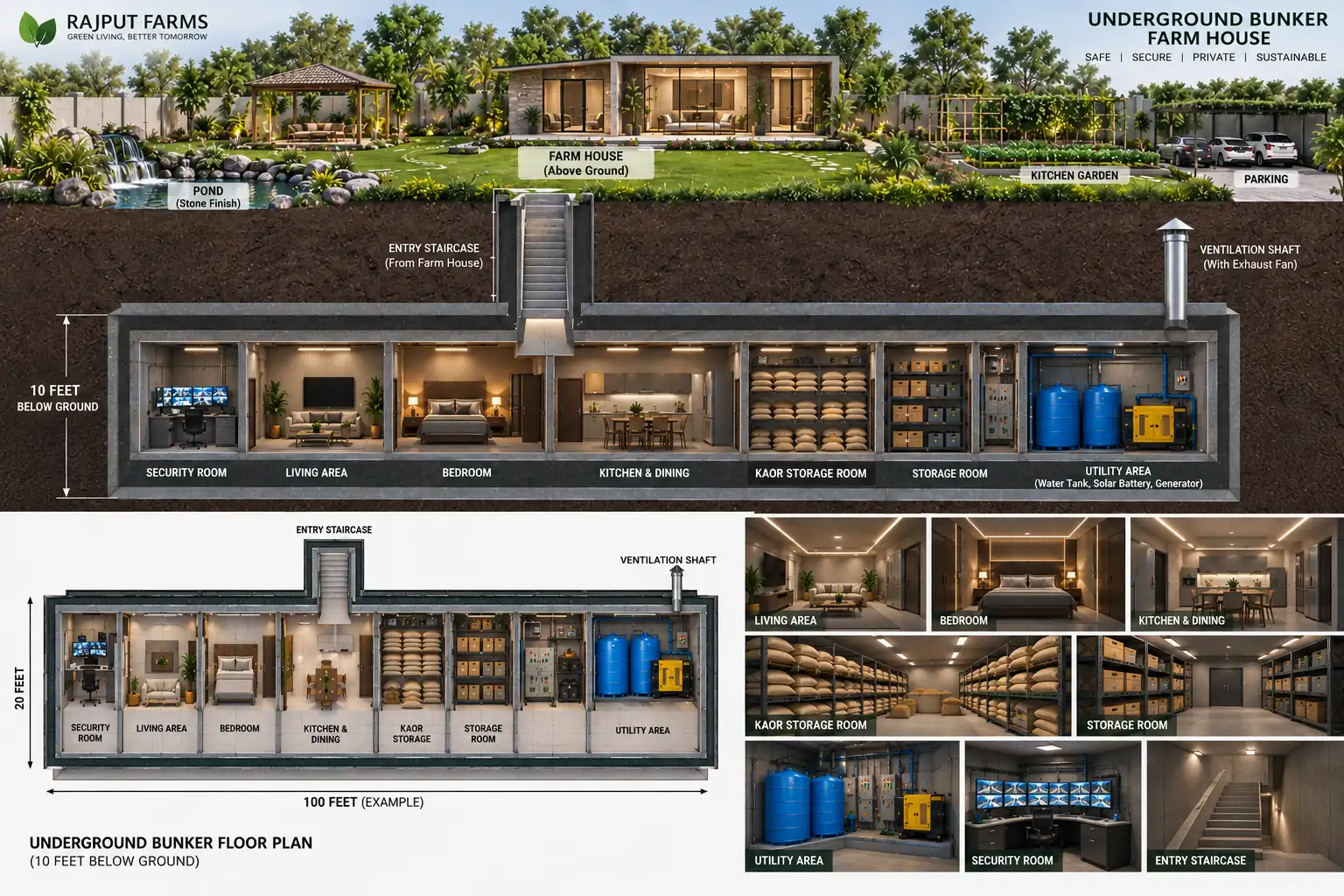 Concept illustration of an underground bunker farmhouse shelter with section and floor plan