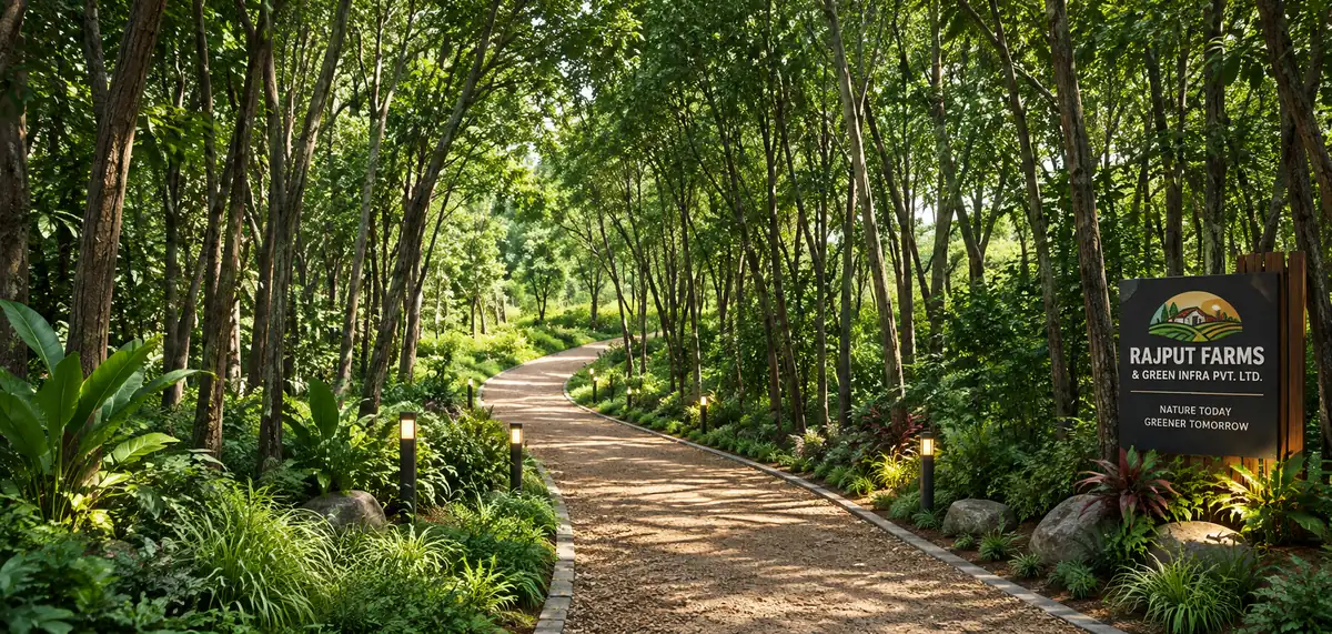 Concept rendering of a Miyawaki forest walkway with bollard lights