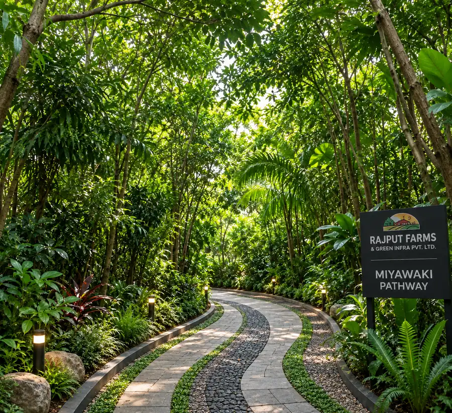 Concept rendering of an urban Miyawaki forest pathway with native trees