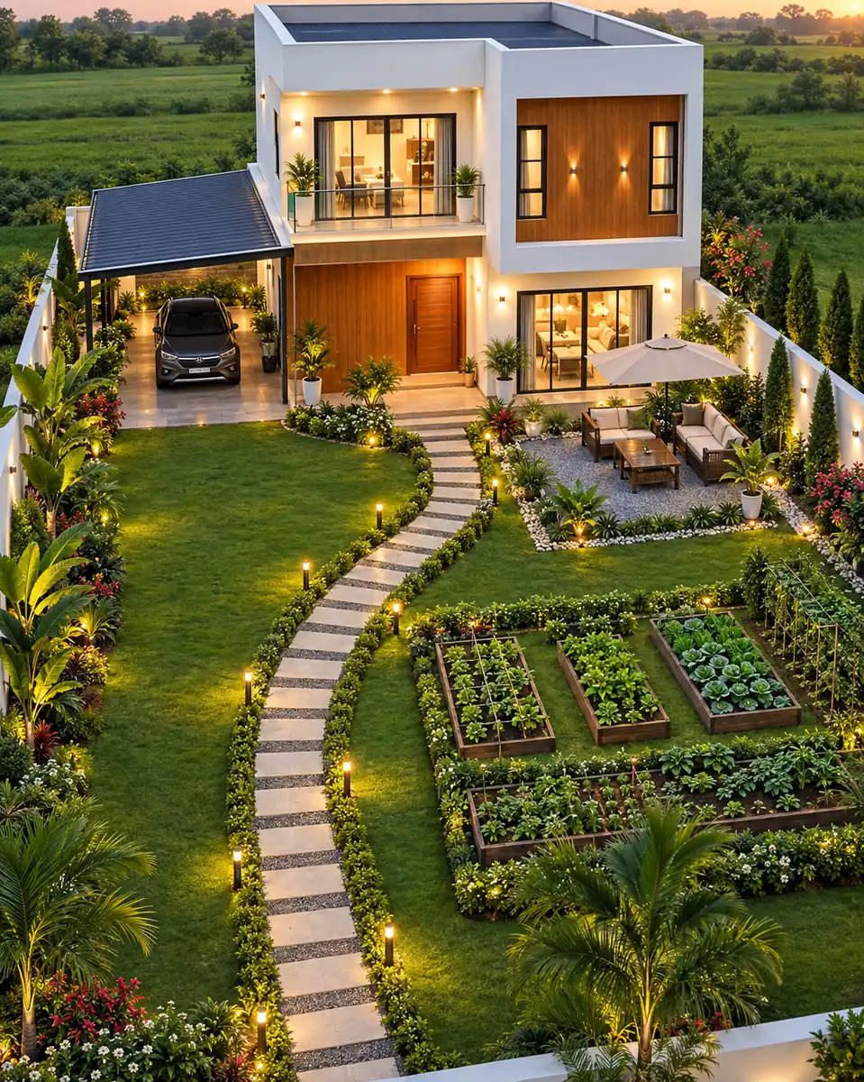 Concept rendering of farmhouse development with lawn, stone path and kitchen garden