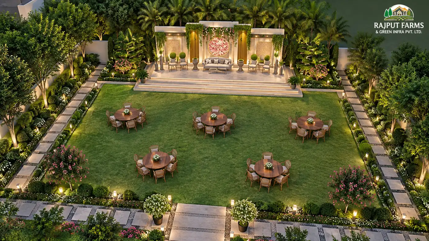 Concept rendering of marriage lawn landscaping layout with stage and walkways