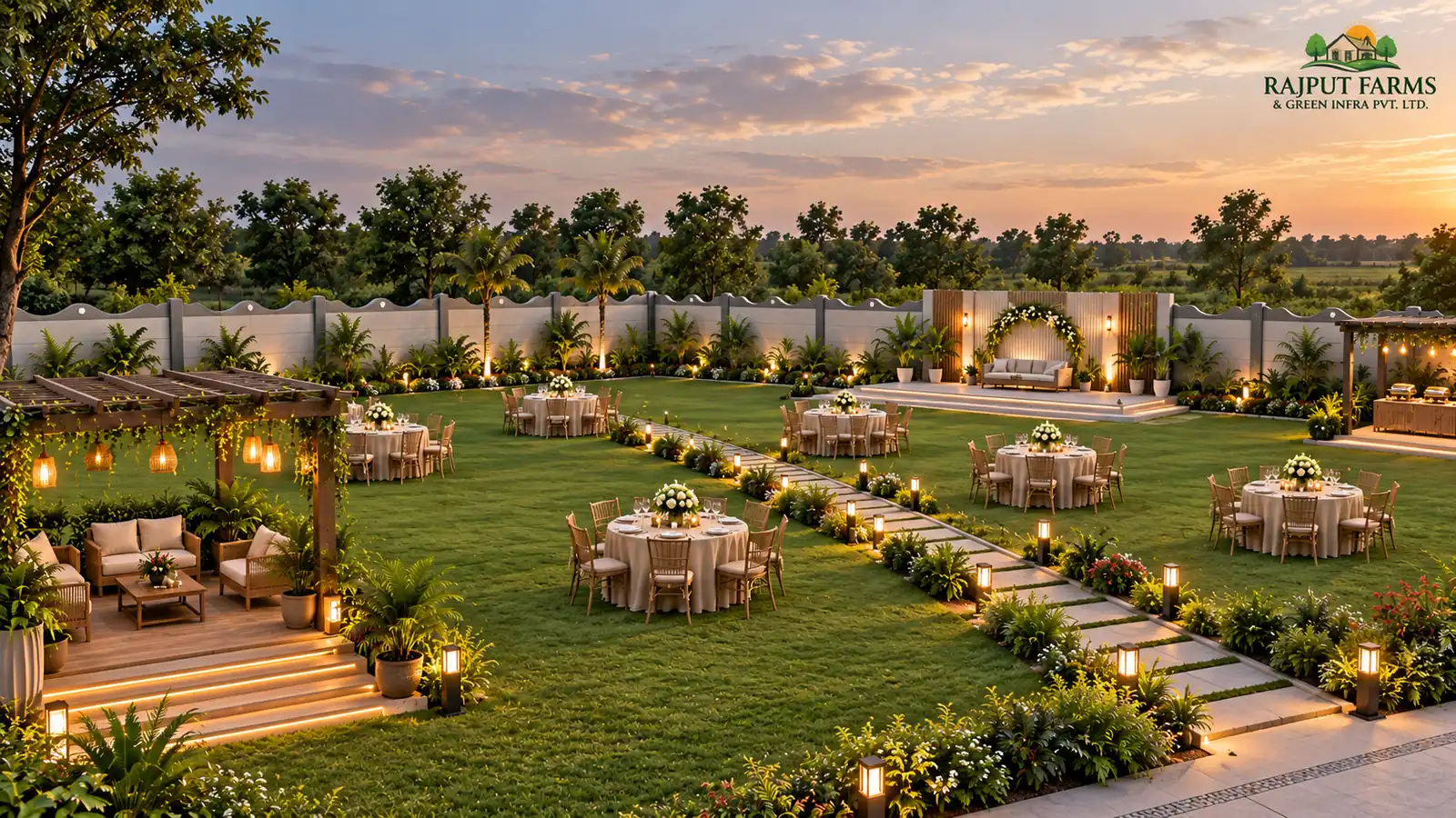 Concept rendering of marriage lawn landscaping with readymade precast boundary wall