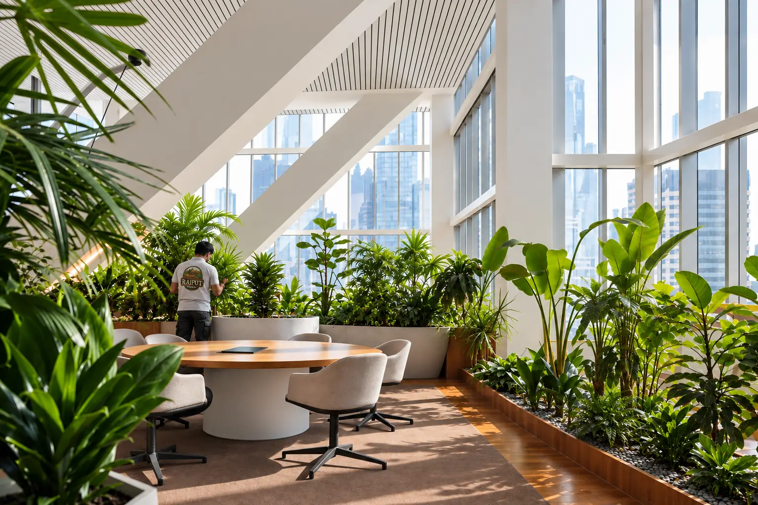 Illustration of a biophilic office design with tropical planter beds and seating