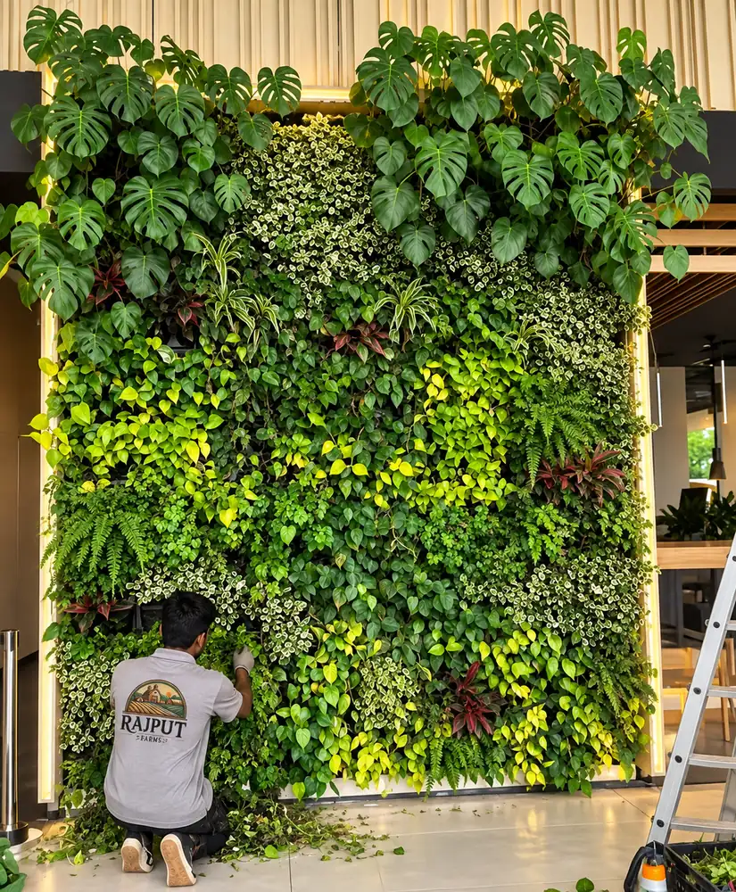Illustration of a commercial vertical garden with monstera and pothos being installed