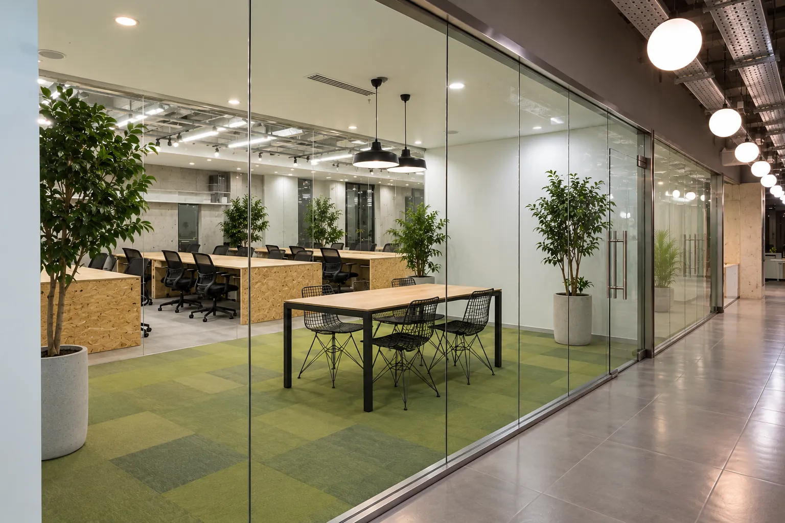 Illustration of a green office space with potted ficus trees and glass partitions