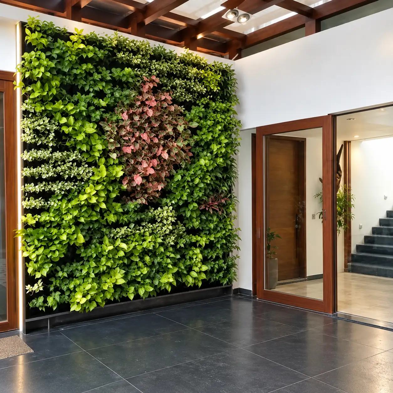 Illustration of an indoor vertical garden green wall in a building foyer