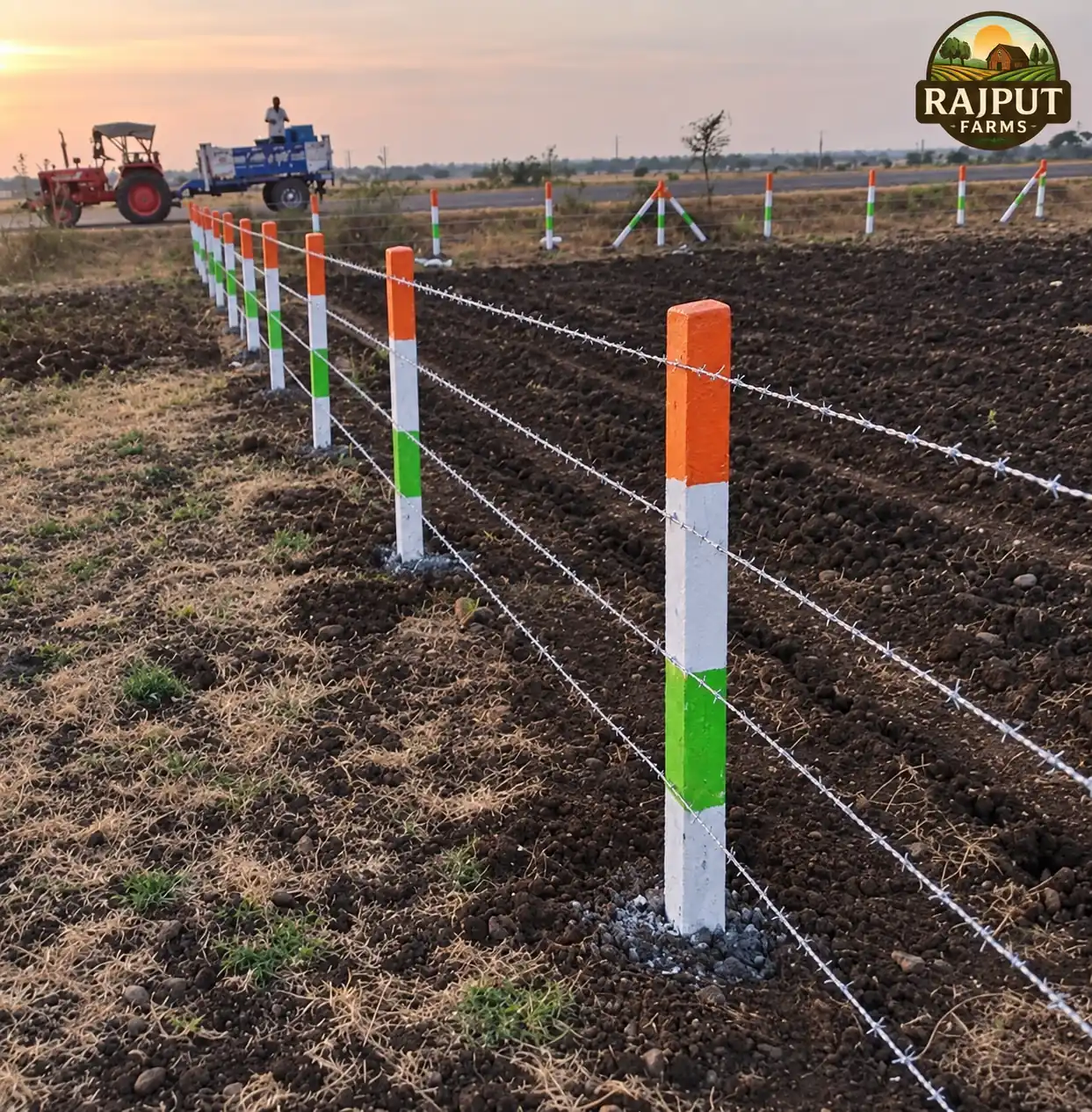 Illustration of barbed wire farm fencing on RCC fencing poles around farmland