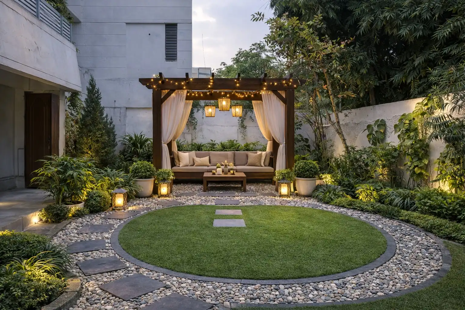 Illustration of garden design with wooden pergola lounge and circular lawn